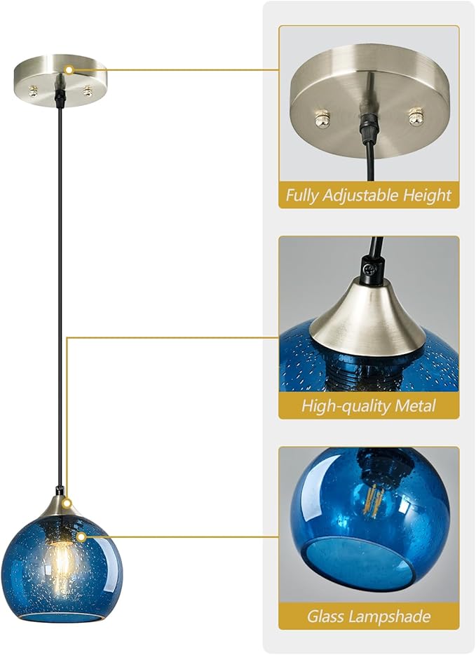 Blue Glass Pendant Lights Kitchen Island Lighting Globe Pendant Light Fixtures Modern Pendant Lighting for Kitchen Island Bedroom Living Dining Room Light Fixture(5.9in, 3-Pack)