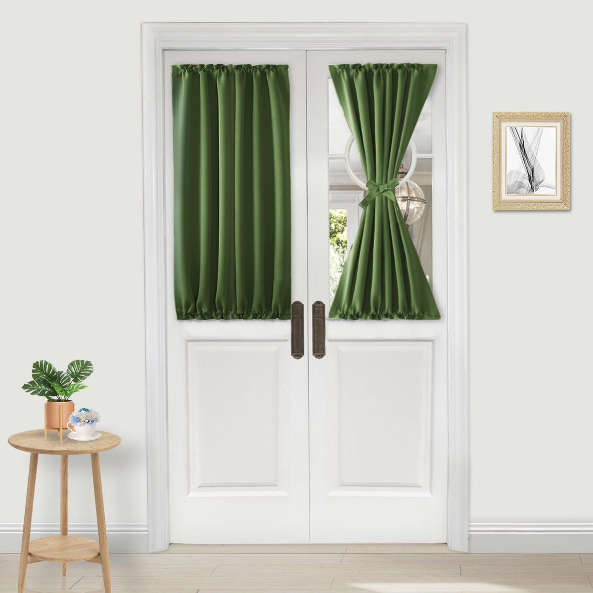 DWCN French Door Curtains – Rod Pocket Thermal Blackout Curtain for Doors with Glass Window, Kitchen and Patio Doors for Privacy, 25 X 40 Inches Long, 1 Curtain Panel with Tieback,Olive Green