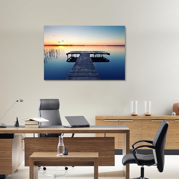 Hardy Gallery lake wall art pier picture: scenic nature canvas wall art lake scene artwork dock scenery wall decor painting - sunset landscape prints for bedroom house 45"x30"