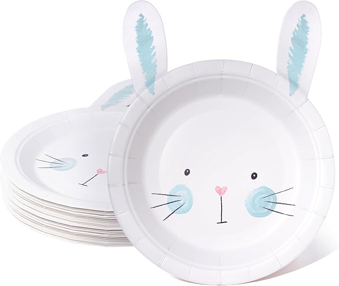 Cheerland Bunny Plates Blue Easter Paper Plate Cute Rabbit Shaped Tableware 7 Inch for Themed Birthday Decorations Some Bunnies is One Gender Reveal Garden Spring Tea Party Baby Shower Supplies 24pcs