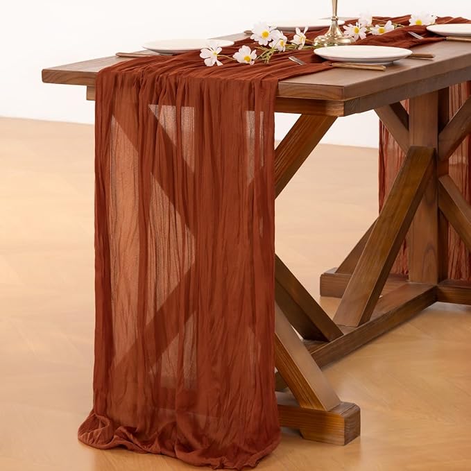 Socomi Thanksgiving Fall Table Runner Terracotta Cheesecloth Gauze Burnt Orange Boho Rustic Farmhouse 120 inch 10FT Cheese Cloth Runner for Wedding Party Baby Shower Home Decor Holiday Decorations