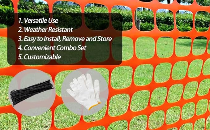 PotatoLife Plastic Mesh Fence Safety Fence, 4'x100' Roll with 100 Zip Ties, Resuable Temporary Netting for Garden Fencing, Construction, Snow Fencing, Animal Barrier, Poultry, Deer, Patio, Orange