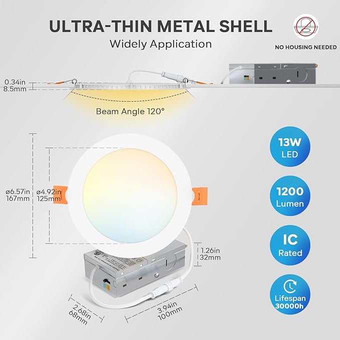 LVWIT 24 Pack 6 Inch LED Recessed Lighting with Junction Box, 5CCT Dimmable LED Downlight,13W Ultra-Thin Modern Ceiling Light, 2700/3000/3500/4000/5000K Selectable Can Lights, Smooth Trim