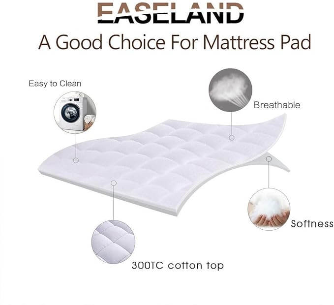 EASELAND Queen Size Mattress Pad Pillow Top Mattress Cover Quilted Fitted Mattress Protector Cotton Top Stretches up 8-21" Deep Pocket Cooling Mattress Topper (60x80 inch, White)