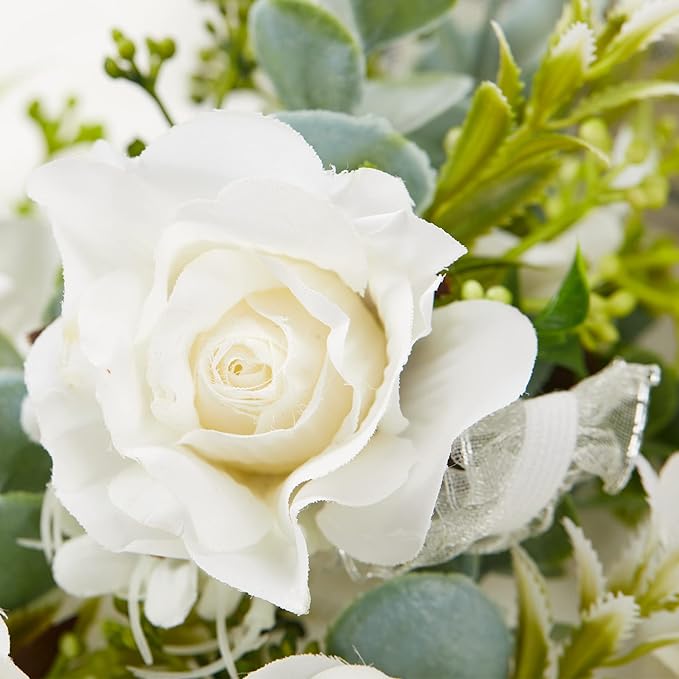 Meldel White Rose Wrist Corsage, Pack of 2 PCS Wedding Bridal Wrist Flower Corsage Hand Flower Artificial Silk Rose Decor for Prom Party Wedding