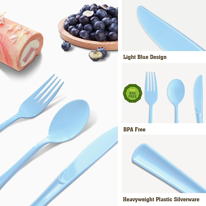 150 Pack Blue Plastic Silverware, Light Blue Plastic Utensils Heavy Duty, 50 Forks, 50 Knives, 50 Spoons for Birthday Wedding Baby Shower Boy