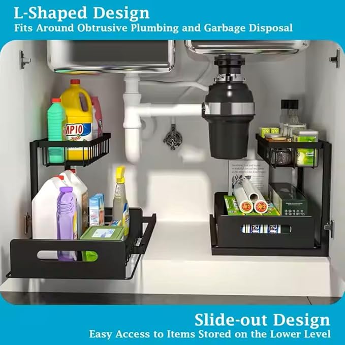 Under Sink Organizer 2-Pack – Sliding 2-Tier Metal Storage Rack, Pull-Out Cabinet Shelf for Kitchen, Bathroom, Cleaning Supplies & Toiletries.