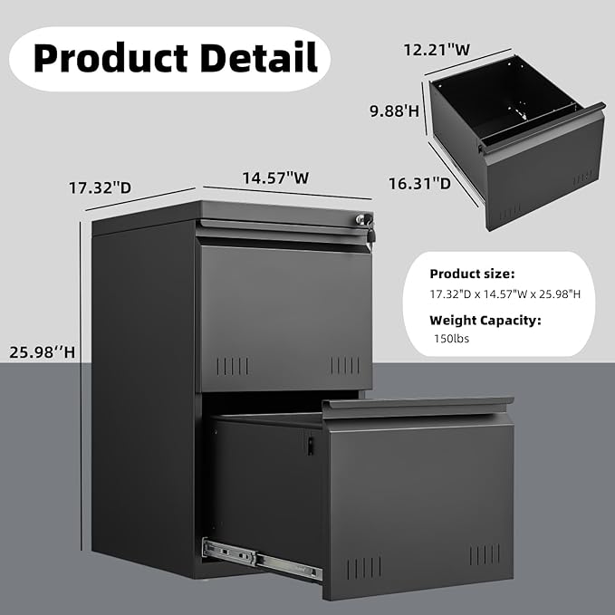 2 Drawer File Cabinets for Home Office, Vertical File Cabinet with Lock, Office Cabinet for A4/Letter/Legal Size, Under Desk Filing Cabinet, Assembly Required(Black)