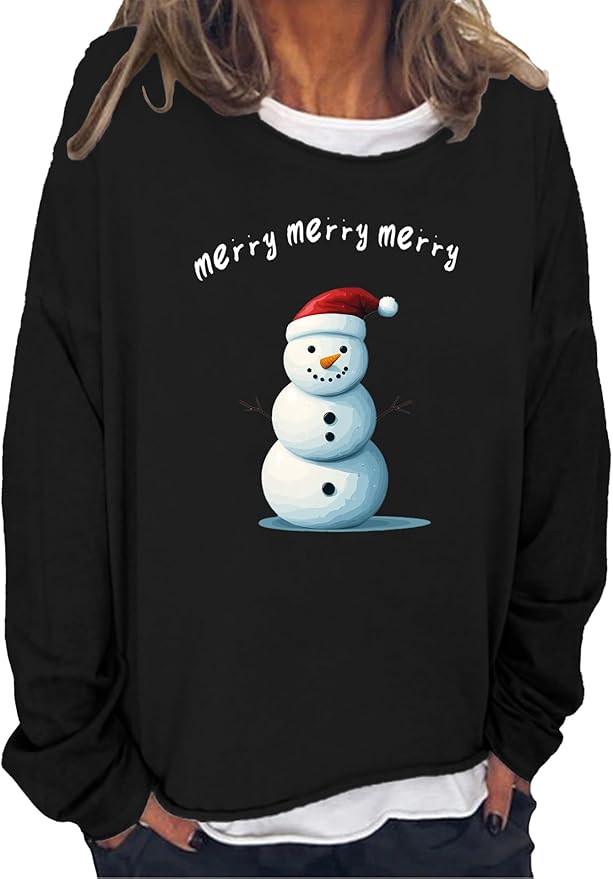 LOAIHA Christmas Shirts for Women Crewneck Snowman Snowflake Santa Graphic Shirts Christmas Tree Long Sleeve Xmas Hoodie