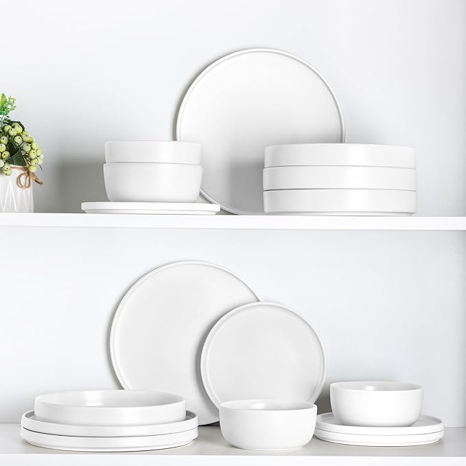 AmorArc Stoneware Dinnerware Sets with Pasta Bowl Set, Reactive Ceramic Plates and Bowls Set, Highly Chip and Crack Resistant | Dishwasher & Microwave Safe | Round Dishes Set Service for 4 (16pc)