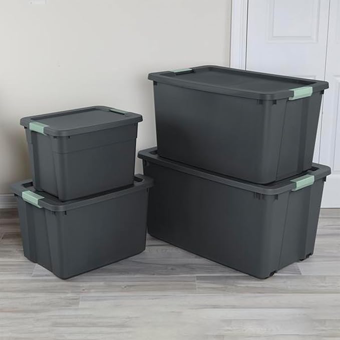 Sterilite 24 Pack 20 Gallon Latch Tote, Stackable Plastic Storage Bin Container, Gray/Green