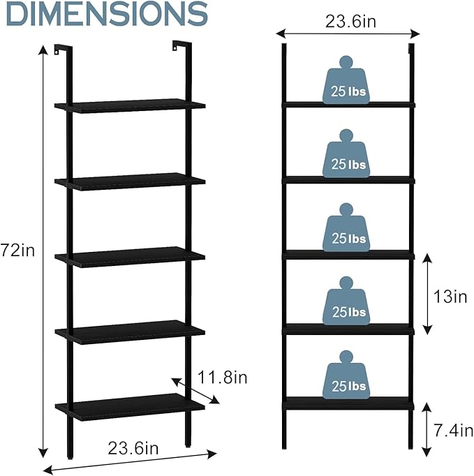 aboxoo Ladder Shelf Open 5-Tier Bookshelf Wall-Mounted Black Wood Bookcase