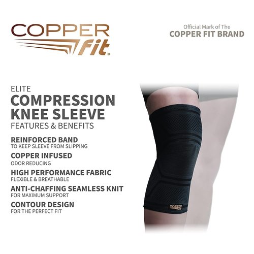 Copper Fit Elite Knee Compression Sleeve Knee Brace 2-Pack, Black (Small/Medium 12"-16")