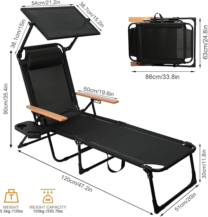 Folding Lounge Chairs for Outside, 4-Position Reclining Outdoor Lounge Chair, Sun Bathing Lounge Chair with Wooden Armrest, Pillow & Cup Holder, Reclining Beach Chair for Garden Beach Patio Camp