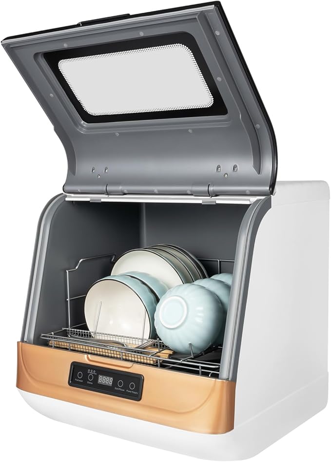 Portable Countertop Dishwasher, 4 Washing Programs Mini Dishwasher 360° Rotating Spray Dish Washing Machine for Home, Apartments & RV, Vegetables & Fruits, Fast/Standard/Strong (Gold)