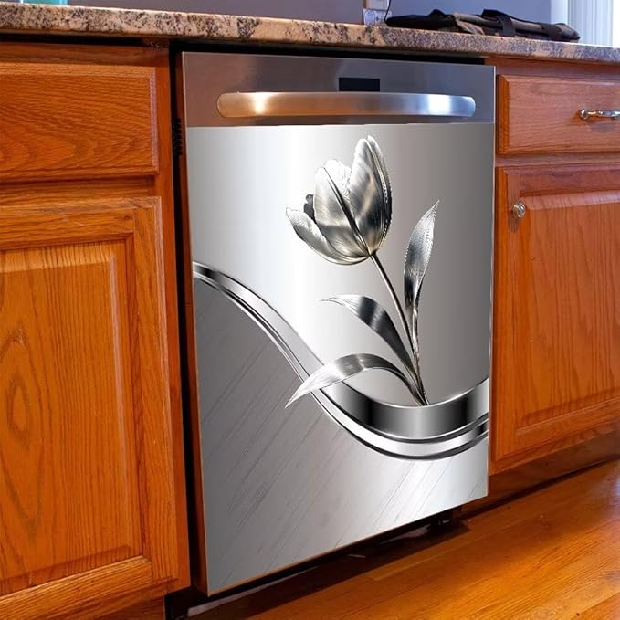Dishwasher Covers Decorative Magnetic Sticker,Stainless Steel Style Background Flower Pattern Refrigerator Front Panel,Kitchen Decor Fridge Magnet Cover Decor,23 x 26inchs