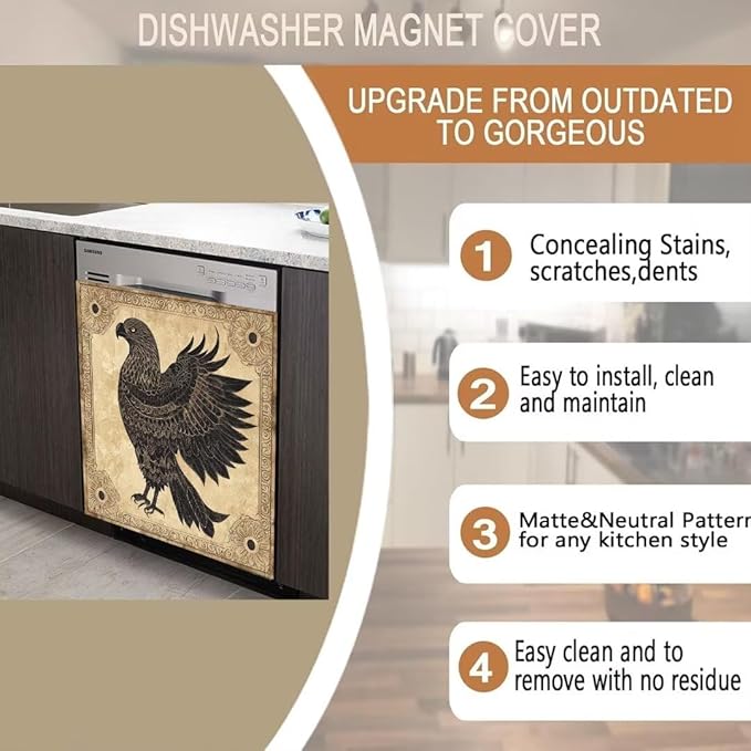 Black Eagle Home Appliance Dishwasher Door Panel Sheet, Animal Eagle Dishwasher Front Cover, Retro Style Skin Cover for Refrigerator - 23" W x 26" H Ordinary
