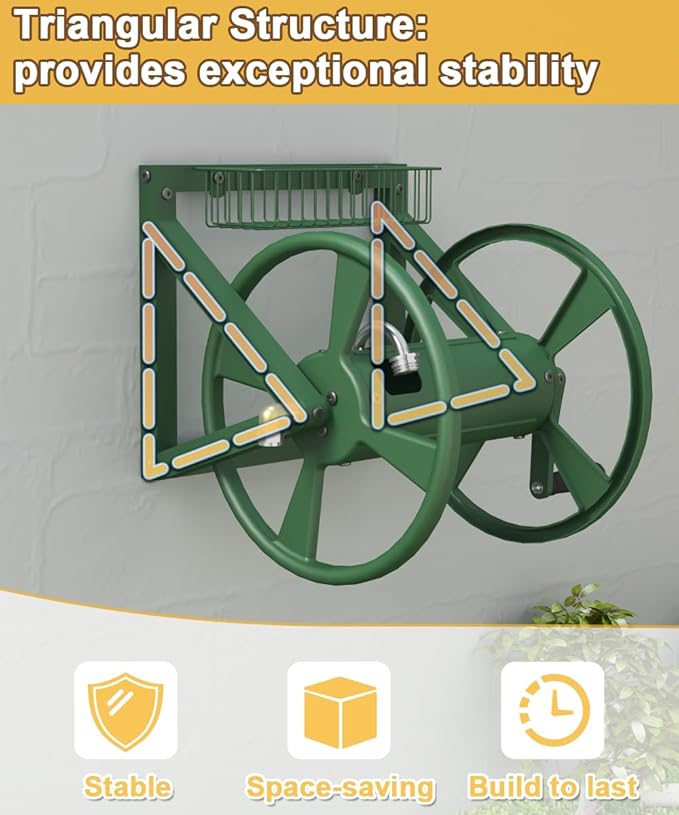 Artigarden Triangle Wall Mounted Garden Hose Reel, Outdoor Heavy-Duty Water Hoses Holder Winder, Holds 125 Ft of 5/8-Inch Hose, with 3.9 ft Leader Hose, Brass Fitting, Storage Basket for Yard, Green