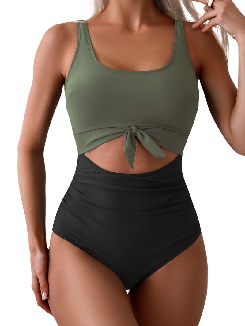 Eomenie Women's One Piece Swimsuit Tummy Control Slimming Bathing Suit Cutout Tie Knot Swimwear Army Green, Black