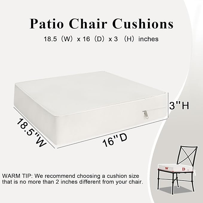 Outdoor Chair Cushions 18.5x16x3 Inch, Waterproof Beige Patio Furniture Cushions Set of 2 with Ties & Handle, 3 Year Color Fastness Square Replacement Seat Cushions for Sofa, Couch