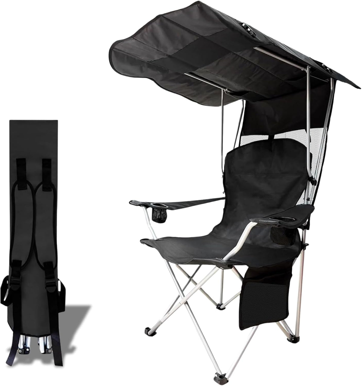 Skiennix Portable Camping Chair - Folding Lounge Chair with Canopy Shade & Cup Holder | Supports 330 LBS (Black)