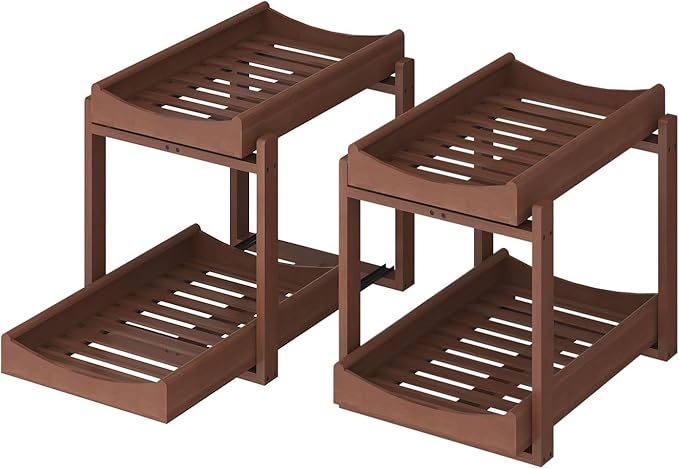 Bamboo Under Sink Organizer and Storage, 2 Pack Pull Out Cabinet Organization, 2 Tier Vertical Slide Out Undersink Storage Shelf, Multi-Purpose Organizer Shelves for Kitchen Bathroom Medicine, Brown