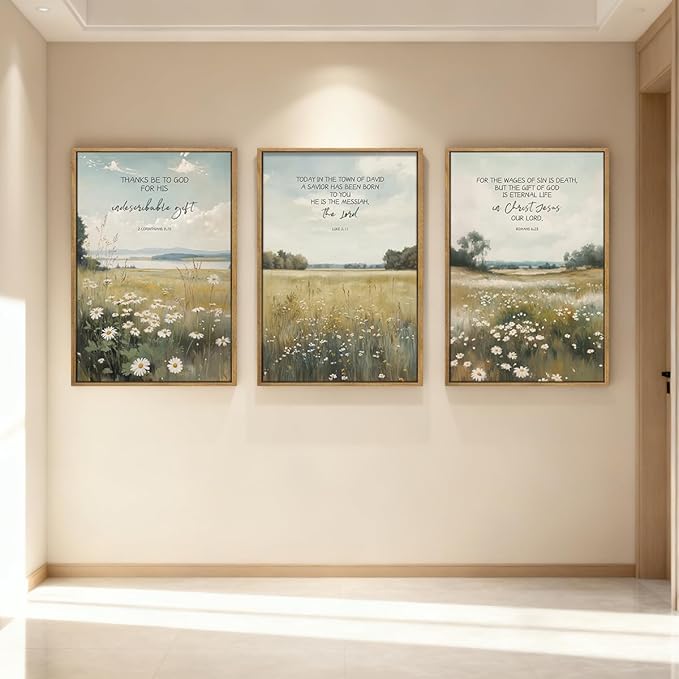 Anyzal Extra Large Framed Christian Wall Art 24x36 Inch Easter Bible Verse Canvas Artwork Scripture Wildflower Landscape Wall Decor for Living Room Bedroom Dining Room Set of 3