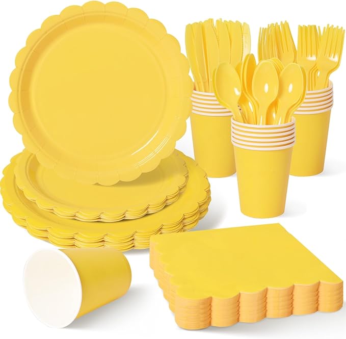 Vyntra 350 PCS Disposable Plates for Party, Paper Plates & Napkins Set with Cups, Knives, Forks, Spoons, 7'' Dessert and 9'' Dinner Plates for Birthday, Picnic, BBQ - Yellow