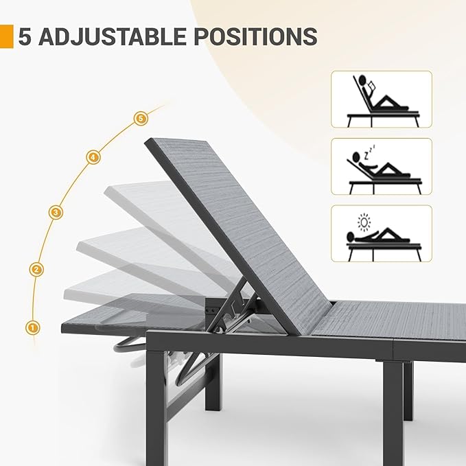 UDPATIO Outdoor Chaise Chairs & Table 3 Pieces Pool Lounge Chair, Adjustable Poolside Sunloungers Lay Flat Sunbathing Chaise with Backrest for Patio, Beach, Yard, Pool