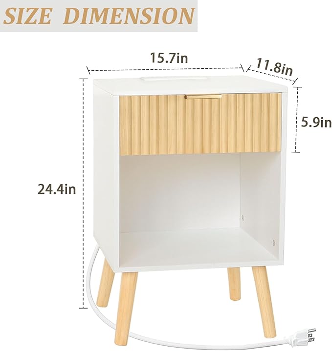 Night Stand with Charger Station, Modern Wood Nightstand with Drawer and Outlet, Fluted Bedside Table End Table with Solid Wood Legs for Bedroom, Living Room, Office (White Oak)