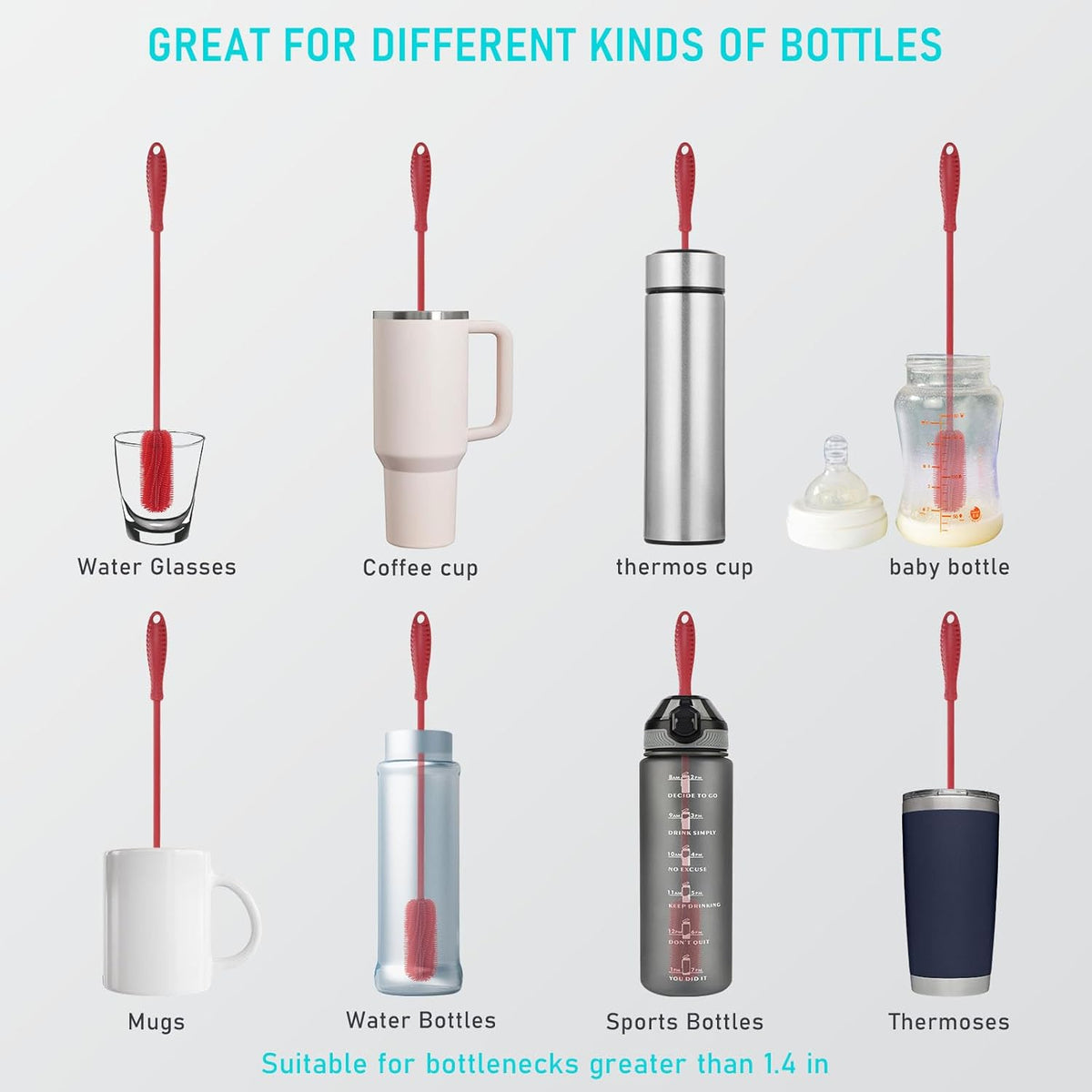 Silicone Bottle Cleaning Brush with Long Handle, 12.5" Water Bottle Cleaner for Baby Bottles, Hydro Flask, Sports Bottle, Vase, Glassware, Perfect for Smaller Diameter Bottle Openings (One Pack)