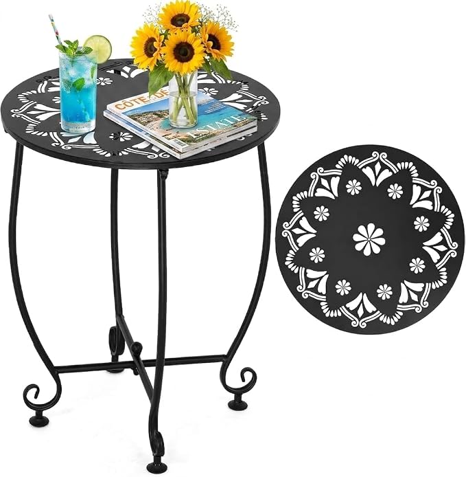 14 Inch Outdoor Side Tables for Patio, Weather Resistant Steel Patio Side Table, Small Round Outdoor End Table Metal Side Table for Patio Yard Balcony Garden Black (Color3-Flowers)