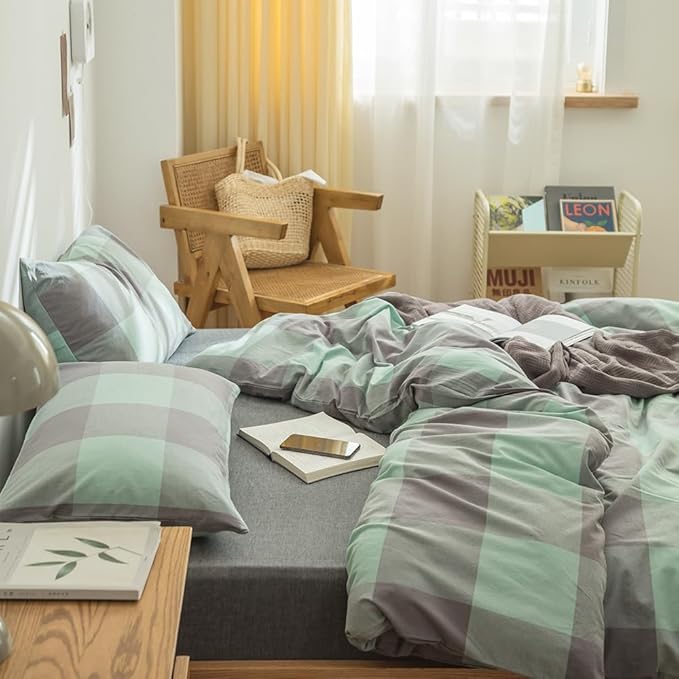FACE TWO FACE Bedding Duvet Cover Set100% Washed Cotton Duvet Cover Linen Like Textured Breathable Durable Soft Comfy (California King, Light Green Grid)