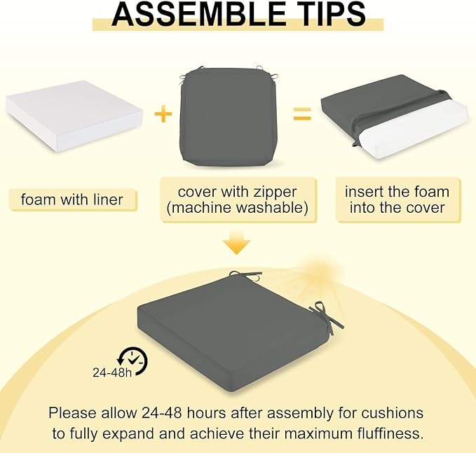 downluxe Waterproof Outdoor Chair Cushions for Patio Furniture, 18" x 18" x 2" Patio Chair Cushion with Non-Slip Ties & Portable Handle, Square Outdoor Cushion with Removable Cover, Dark Grey, 2 Pack