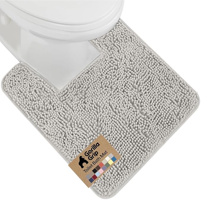 GORILLA GRIP Plush Absorbent Shaggy Chenille Bath Rug Mat for Square Toilet Base with Rubber Backing, Machine Washable Rugs, Soft Microfiber Contour Mats for Toilets, Bathroom Decor, Lt Gray