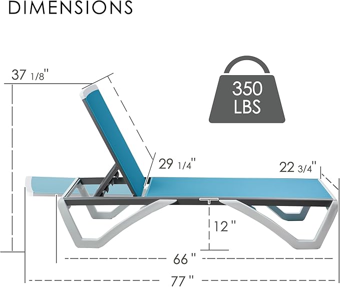 Kozyard Outdoor Chaise Lounge Chair, Fully Flat Adjustable Patio Lounger with Aluminum Frame & Resin Legs, Textilene Fabric for Poolside, Backyard & Beach, (Aqua, Chair)