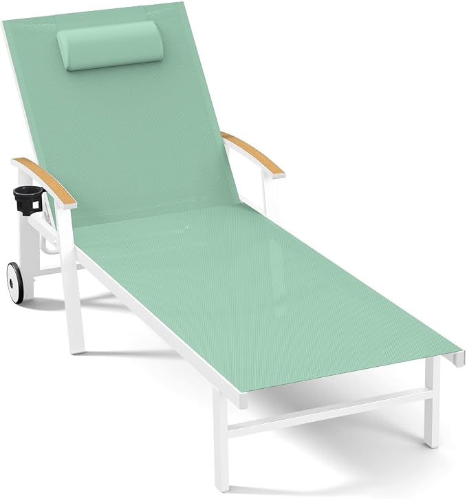 Ciokea Outdoor Lounge Chair with Pillow, 5-Position Aluminum Chaise Lounge with Wheels & Armrests, 400 lbs Heavy Duty Patio Pool Chair for Deck, Backyard, Beach & Poolside, Light Green