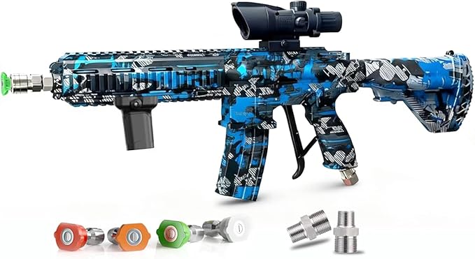 M416 Tactical Style 3600 PSI High Pressure Washer Gun - Foam Cannon Compatible with Swivel & 4 Nozzles - Airsoft Inspired Design for Car Cleaning & Outdoor Use (Blue)