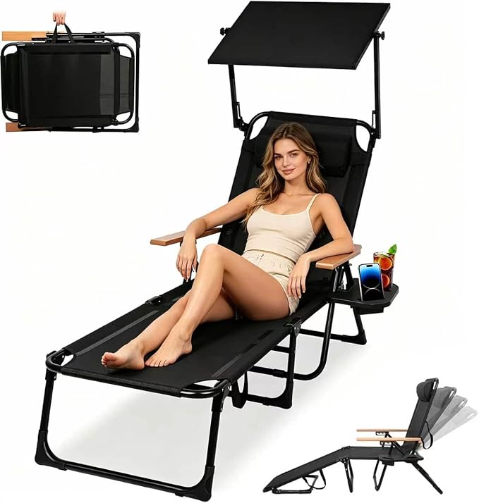 Beach Lounge Chair, Folding Outdoor Chaise Lounge Chair with Arms, 4-Position Backrest, Extended Sun Tanning Chair Pillow & Cup Holder, Patio Lounger for Outside for Beach Pool Patio Yard (Black-U)