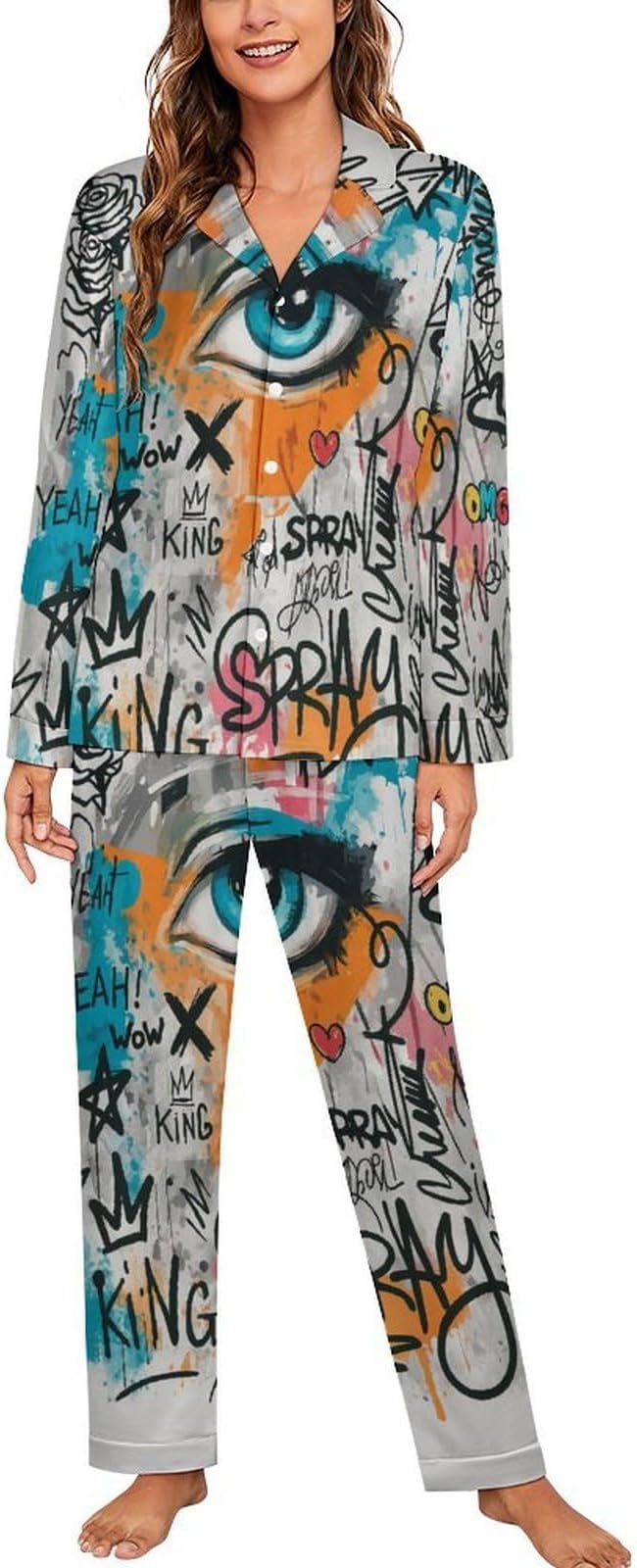 Lemons Leaves Ceramic Style Womens Pajama Set Long Sleeve Pajamas Top And Pants Soft Loungewear Pjs Sets