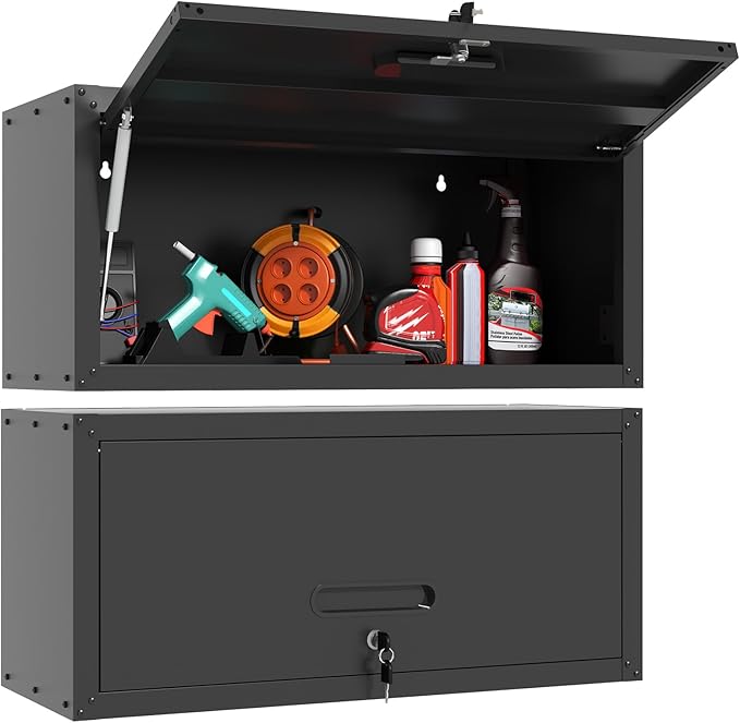 Garage Wall Cabinet with Flip-Up Door, Lockable Metal Storage Cabinet Wall