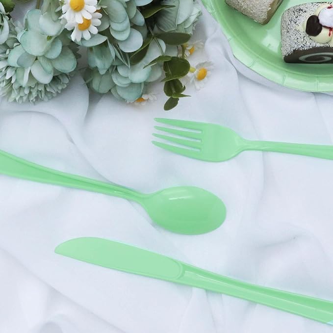 150 PCS Sage Green Plastic Silverware Heavy Duty Mint Green Utensil Sets Include 50 Disposable Plastic Forks, 50 Knives, 50 Spoons for Birthday, Baby Shower, Picnic, Spring Party, Wedding