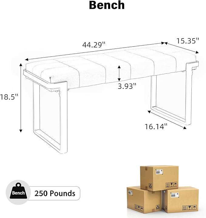 Upholstered Dining Bench, 44.29 Inch Leather Upholstered Bedroom Benches, Entryway Bench for Living Room Kitchen Dining Room(White&Gold)
