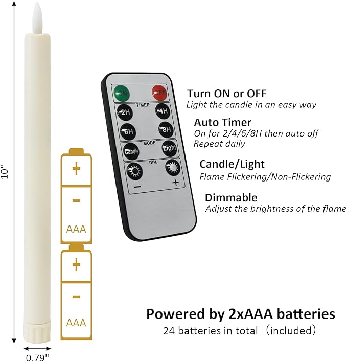 12PCS Flameless Taper Candles with 3D Flickering Flame Battery Operated Candles with 2 Remote with Button Cell Battery 10" Ivory LED Candlesticks Window Candle for Christmas Home Decor