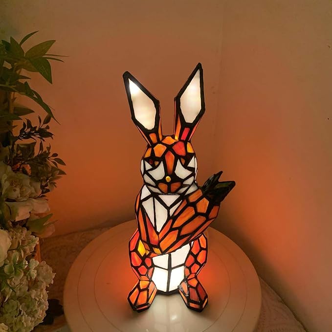 Bieye L10951 Rabbit Holds Carrot Tiffany Style Stained Glass Accent Table Lamp for Home Decor (Orange)
