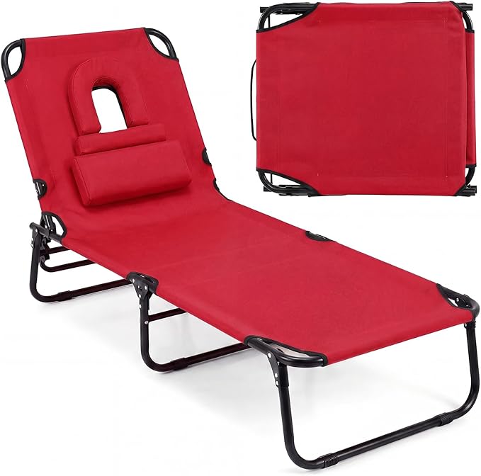 GYMAX Tanning Chair, Folding Lounge Chairs with Face Hole & Cover, Removable Pillow Carry Handle, Portable Compact Outdoor Layout Recliner for Beach, Poolside, Lawn, Patio, Camping (Red,1)