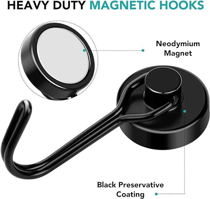 DIYMAG Black Magnetic Hooks, 40LBS Strong Magnetic Hooks Heavy Duty, Strong Magnet Hooks with Metal Hanger for Hanging Refrigerator Home Kitchen Office, 8Pack