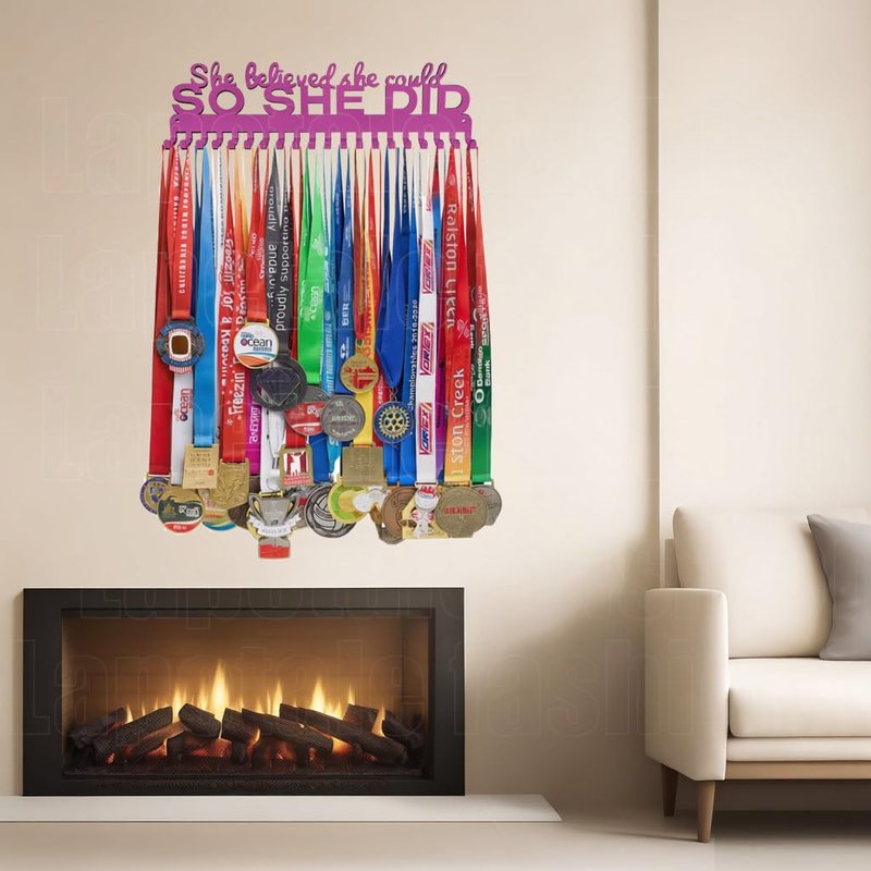 Lapetale Fashion She Believed She Could SO SHE DID Race Medal Hanger Display for 63 Medals-16 Wide with 20 Hooks-Purple Color Easy Use Awesome Gifts
