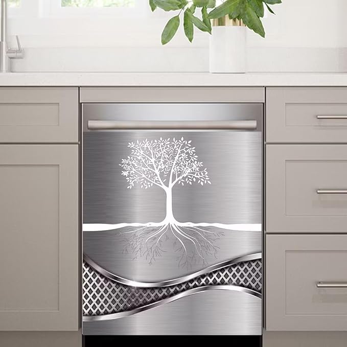 Stainless Steel Design Tree Painting Magnet Dishwasher Cover Sticker,Kitchen Decor Refrigerator Magnets Decorative Fridge Magnetic Decal Vinyl Panel 23Wx17H inch