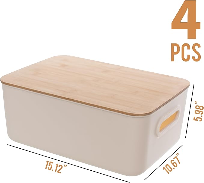 Citylife 4 PCS Storage Bins with Bamboo Lids Plastic Storage Containers for Organizing Stackable Storage Box with Handle, 14 x 10.6 x 6.18 inch